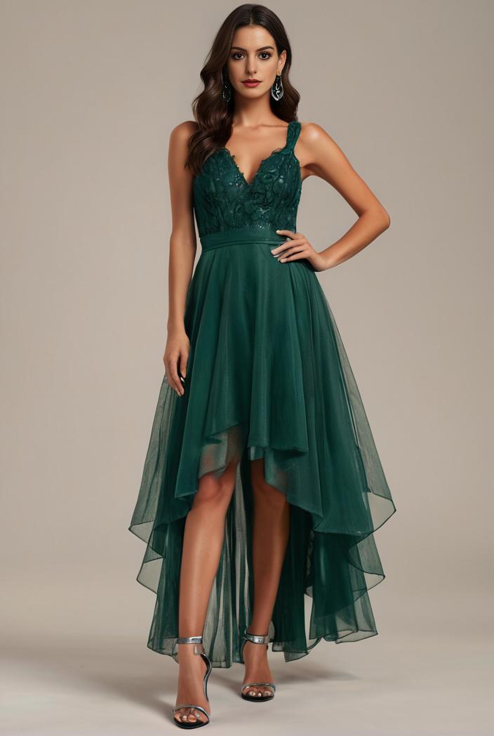 sequin bodice tulle high low evening dress with ribbon waist 128154