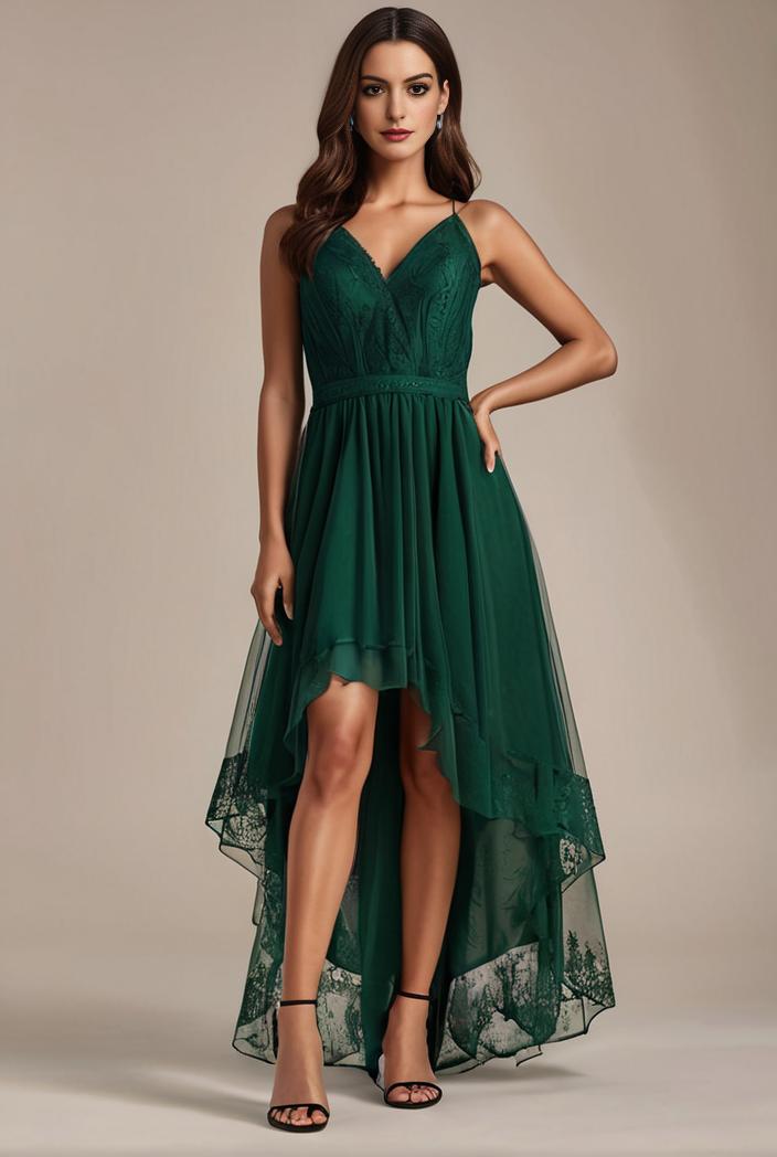 sequin bodice tulle high low evening dress with ribbon waist 128155