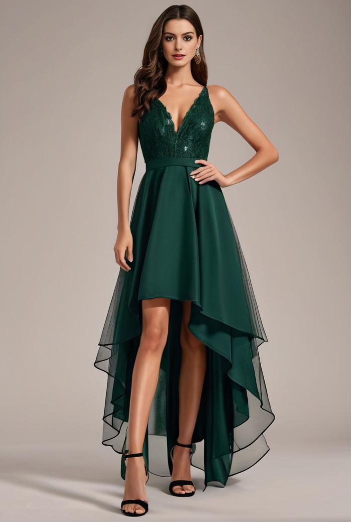 sequin bodice tulle high low evening dress with ribbon waist 128157