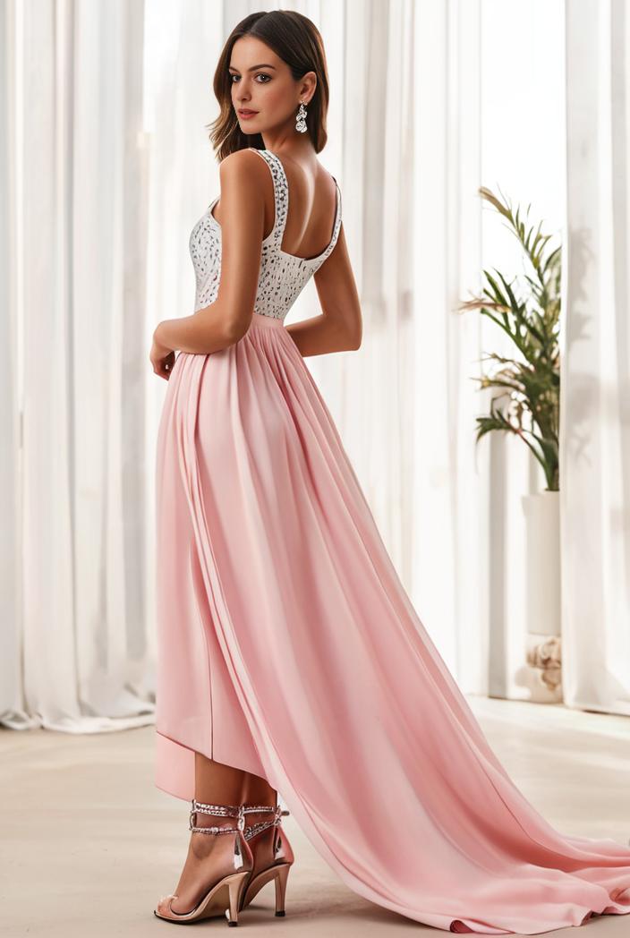 sequin bodice tulle high low evening dress with ribbon waist 128169