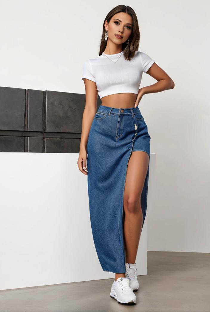 split thigh casual denim midi skirt with slant pockets 126366