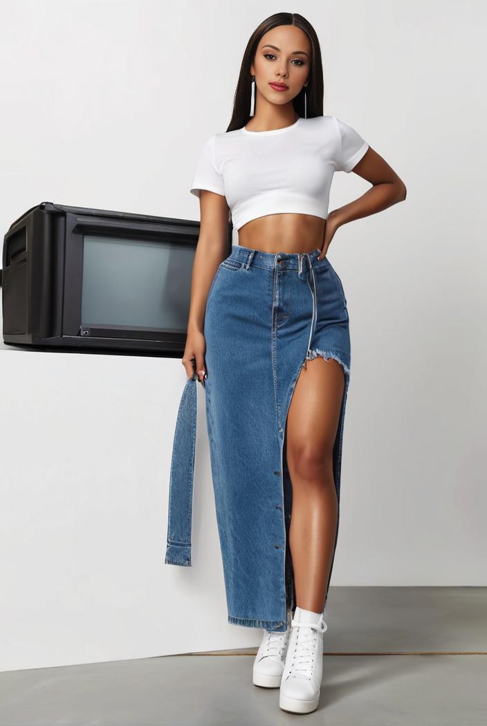 split thigh casual denim midi skirt with slant pockets 126367