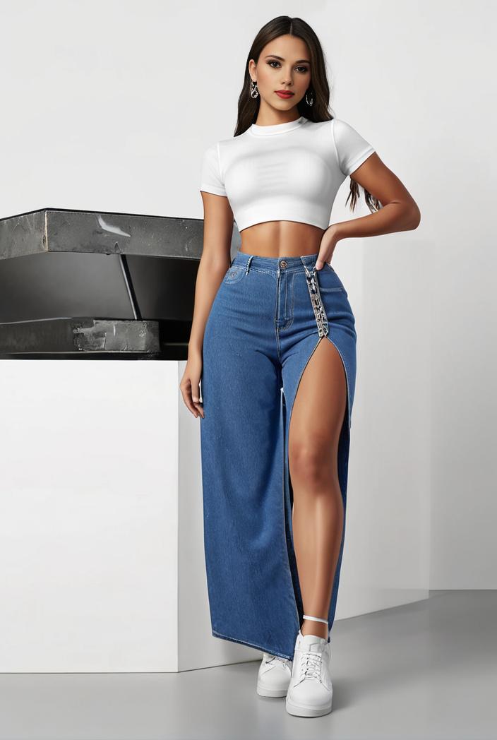 split thigh casual denim midi skirt with slant pockets 126368