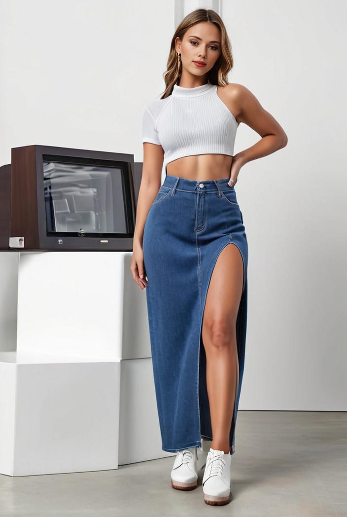 split thigh casual denim midi skirt with slant pockets 126370