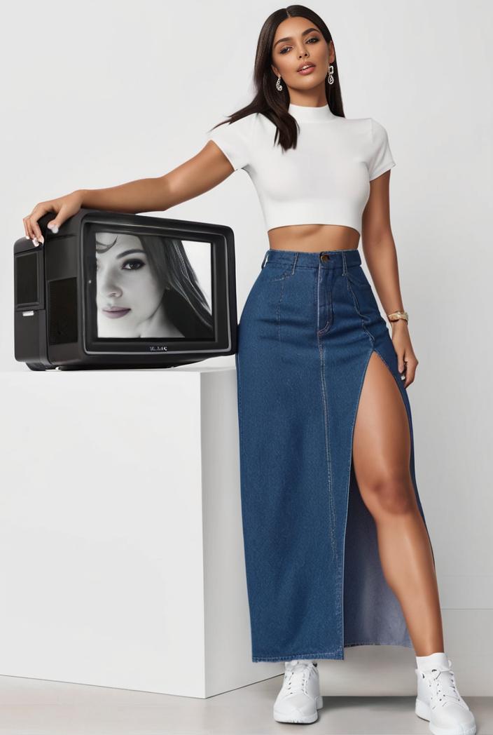 split thigh casual denim midi skirt with slant pockets 126371