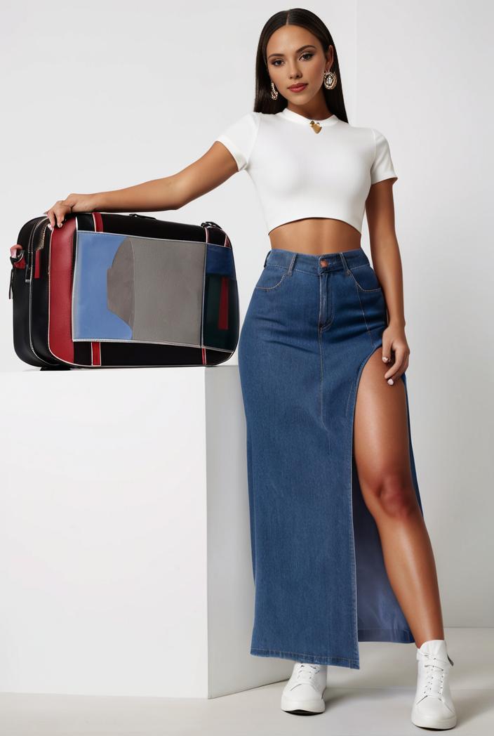 split thigh casual denim midi skirt with slant pockets 126372