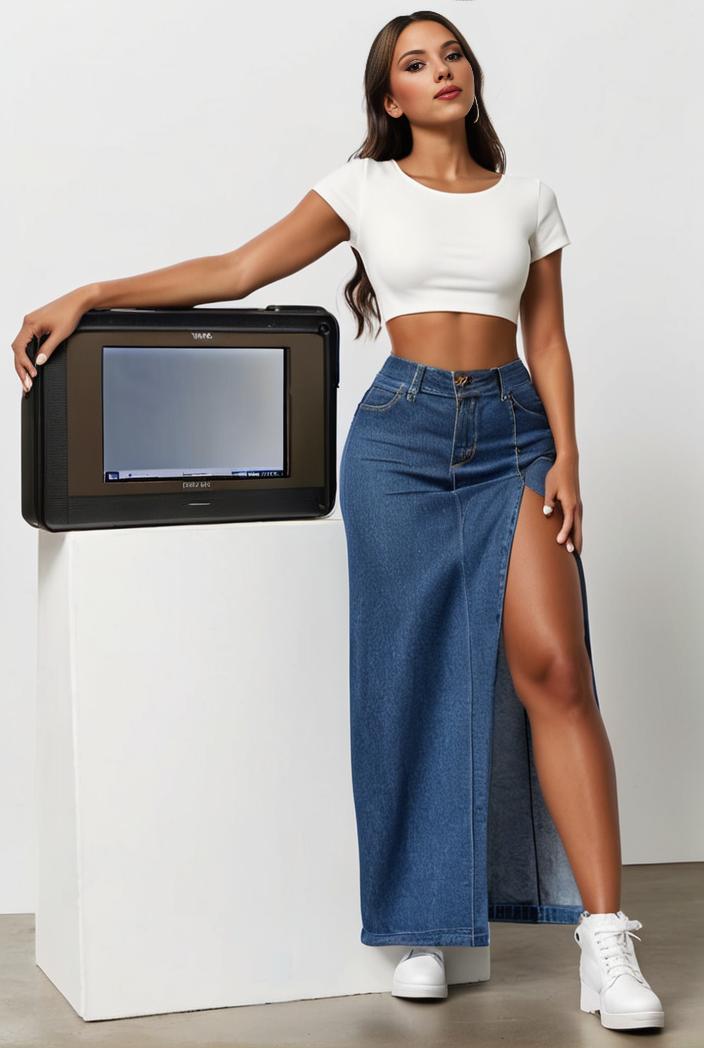 split thigh casual denim midi skirt with slant pockets 126373