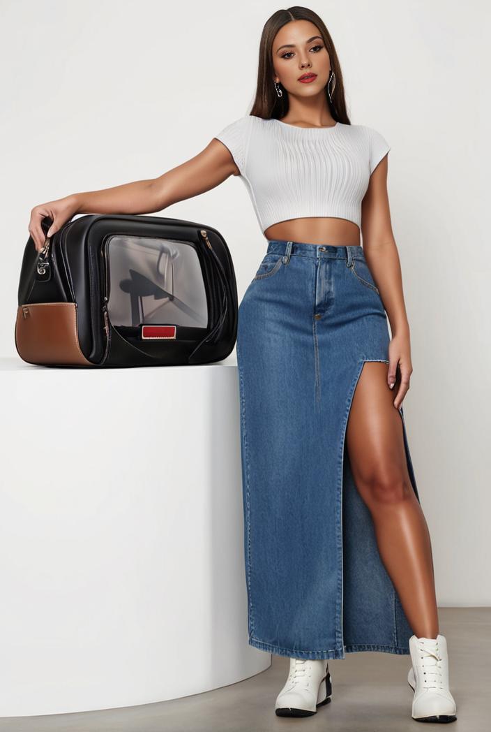 split thigh casual denim midi skirt with slant pockets 126374