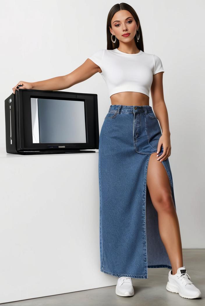 split thigh casual denim midi skirt with slant pockets 126375