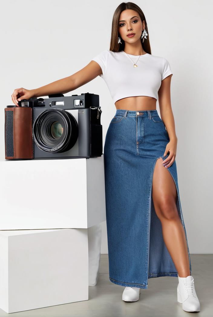 split thigh casual denim midi skirt with slant pockets 126376