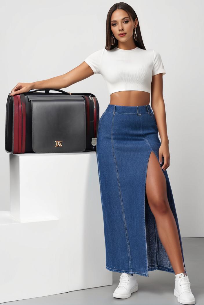 split thigh casual denim midi skirt with slant pockets 126377