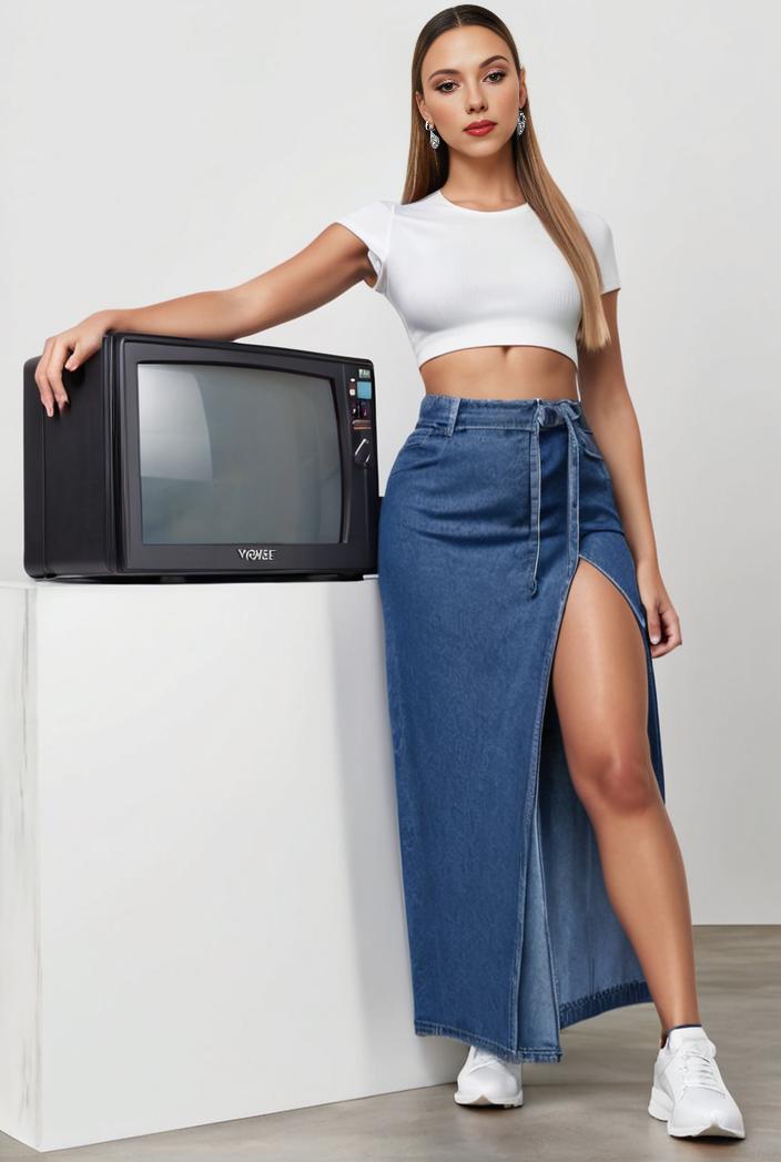 split thigh casual denim midi skirt with slant pockets 126379