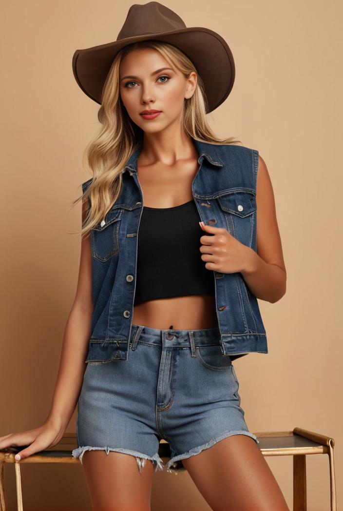 washed denim sleeveless vest with distressed ripped lapel women s denim jacket collection 131197