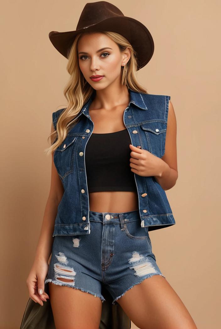 washed denim sleeveless vest with distressed ripped lapel women s denim jacket collection 131200
