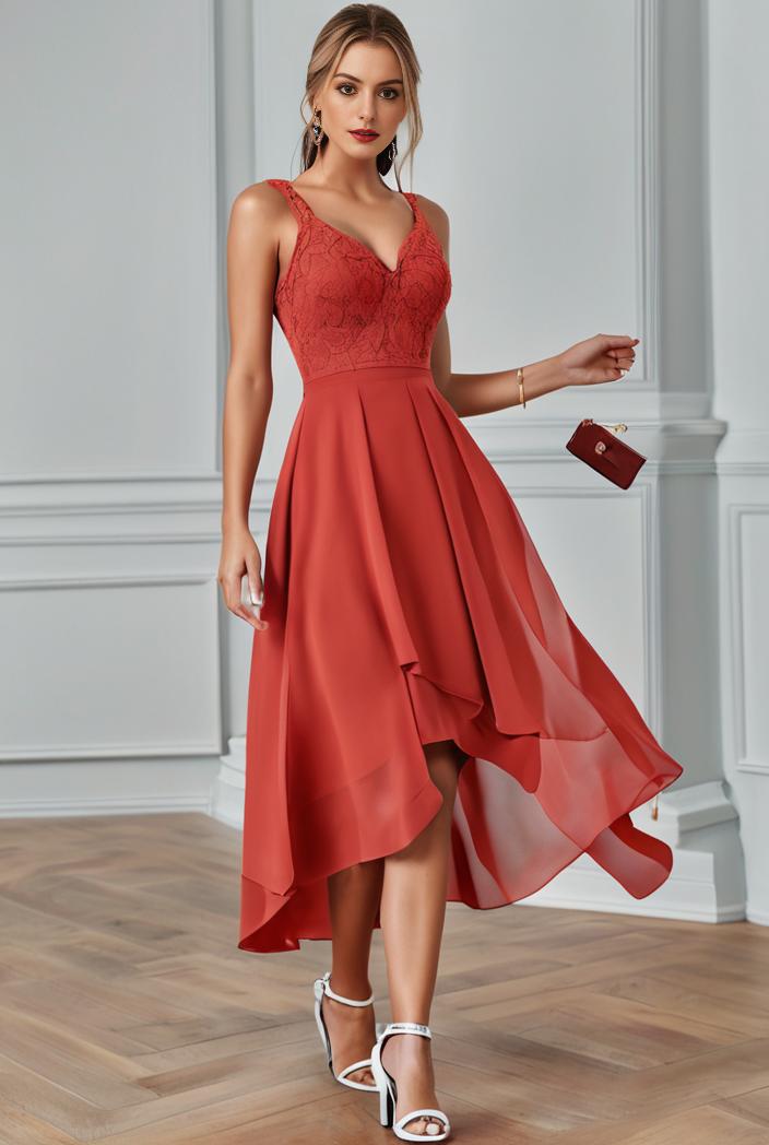 deep v neck lace chiffon bridesmaid dress with asymmetrical hem 135534