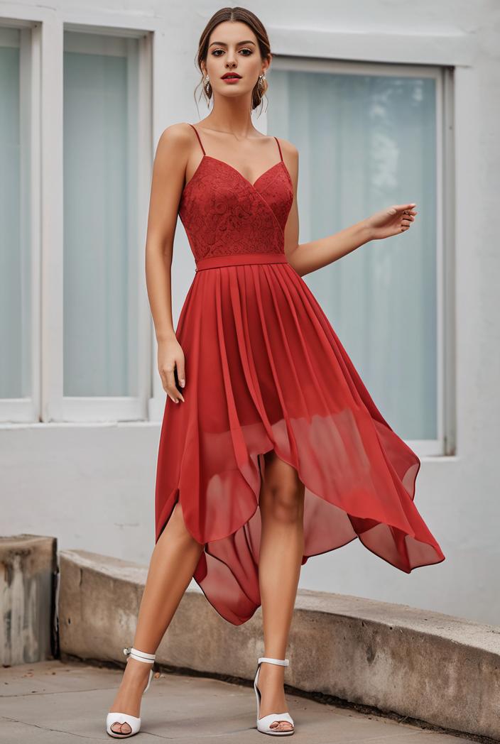deep v neck lace chiffon bridesmaid dress with asymmetrical hem 135540