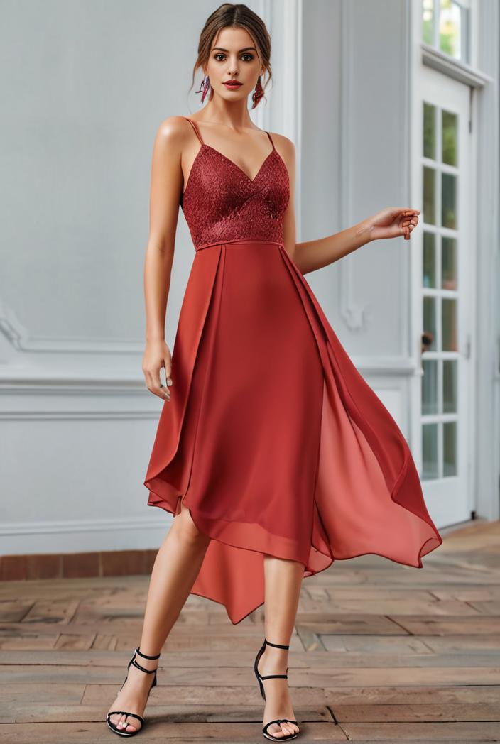 deep v neck lace chiffon bridesmaid dress with asymmetrical hem 135539