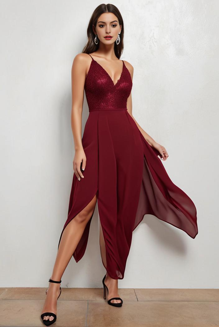 deep v neck lace chiffon bridesmaid dress with asymmetrical hem 135549
