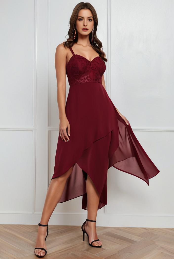 deep v neck lace chiffon bridesmaid dress with asymmetrical hem 135552
