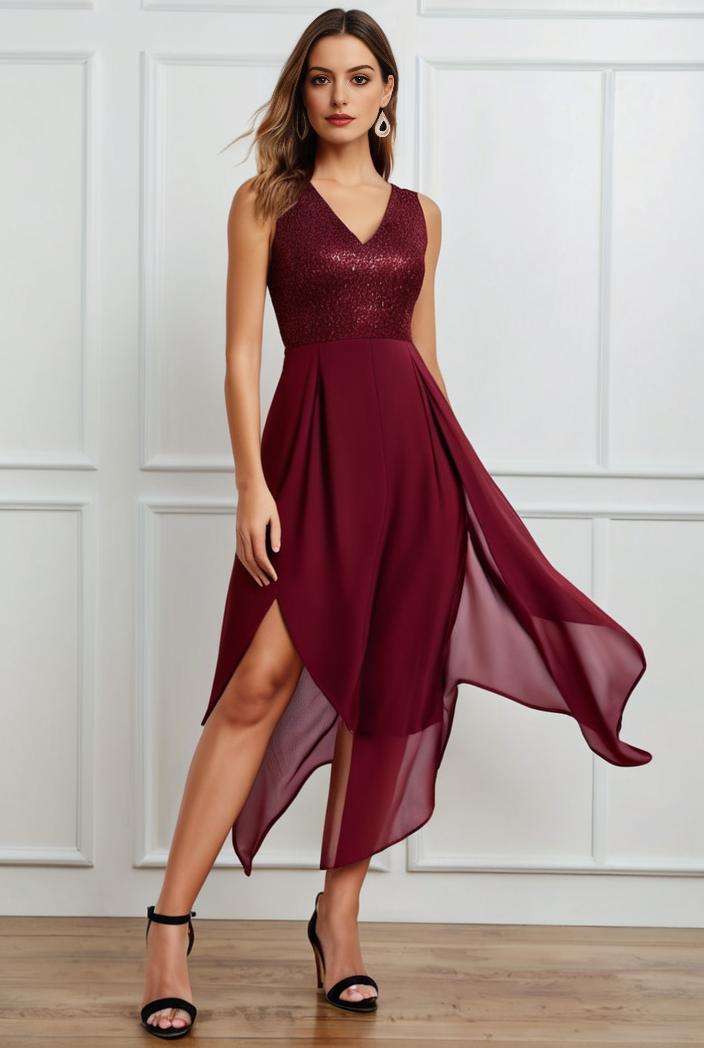 deep v neck lace chiffon bridesmaid dress with asymmetrical hem 135556