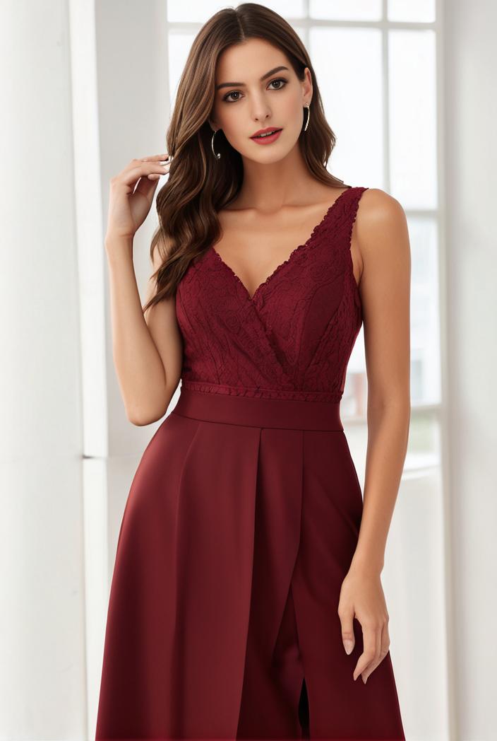 deep v neck lace chiffon bridesmaid dress with asymmetrical hem 135574