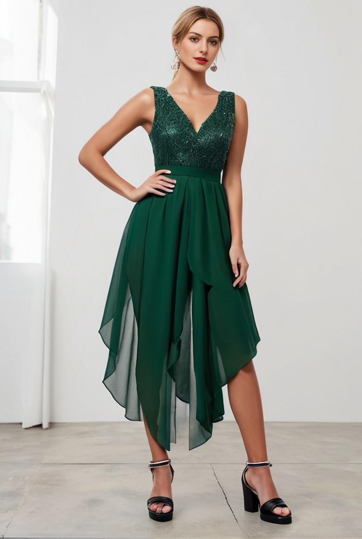 deep v neck lace chiffon bridesmaid dress with asymmetrical hem 135707