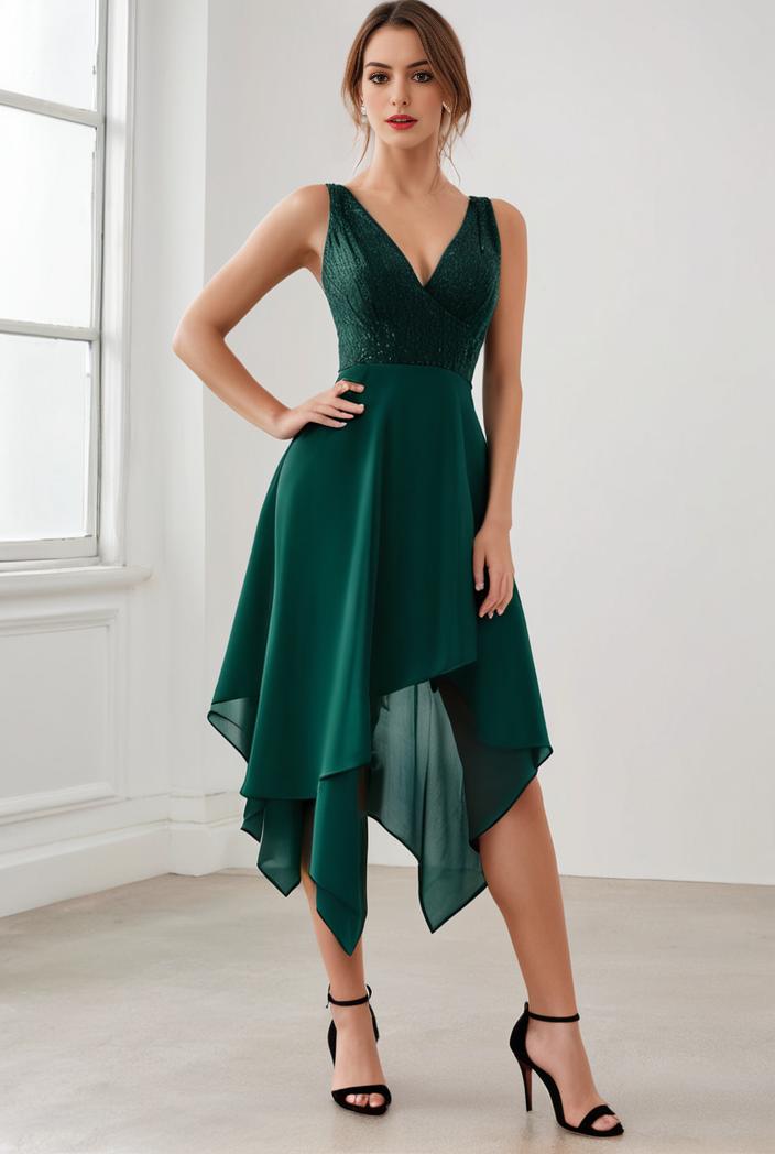 deep v neck lace chiffon bridesmaid dress with asymmetrical hem 135708