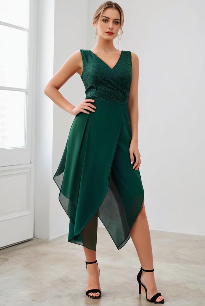 deep v neck lace chiffon bridesmaid dress with asymmetrical hem 135714