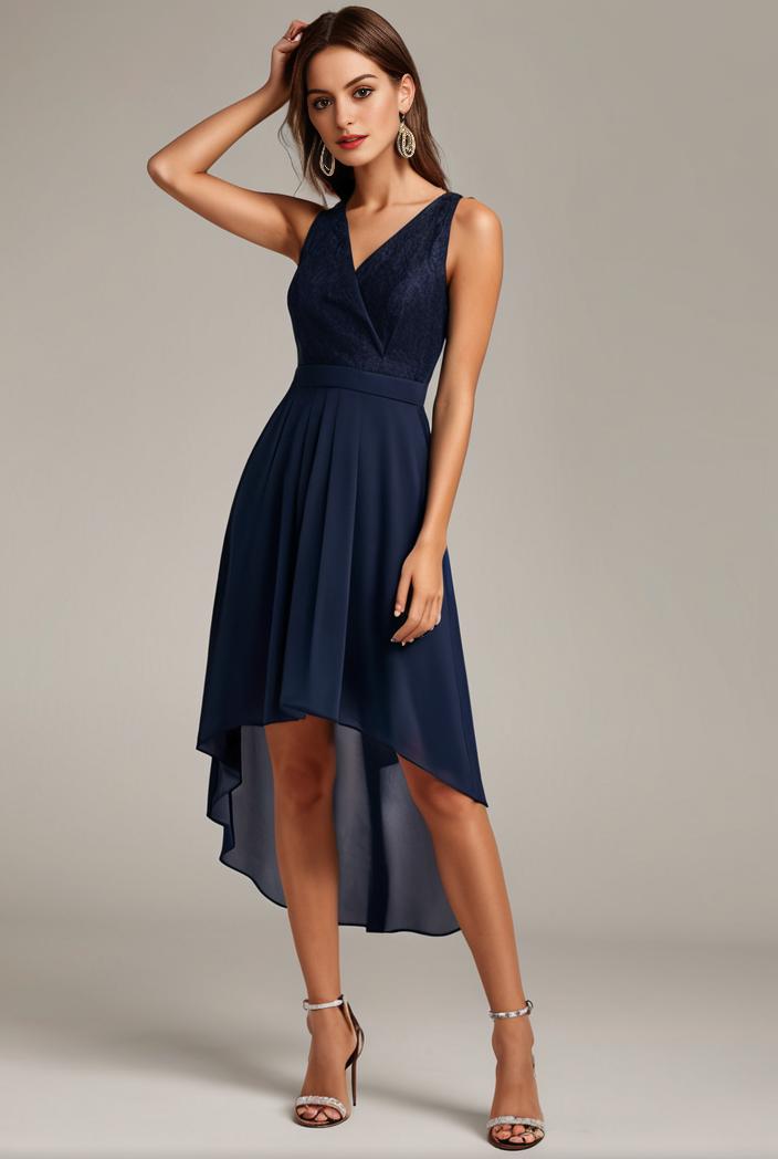 deep v neck lace chiffon bridesmaid dress with asymmetrical hem 135718