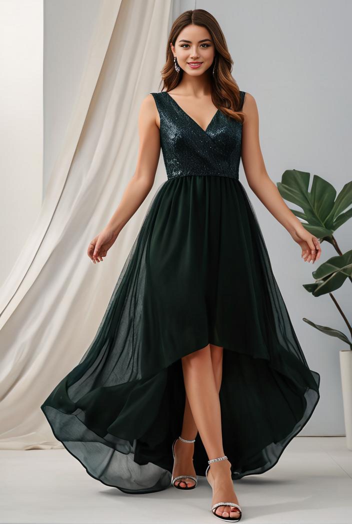 plus size sequin high low deep v neck tulle evening dresses 102004