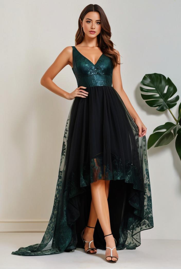 plus size sequin high low deep v neck tulle evening dresses 102017