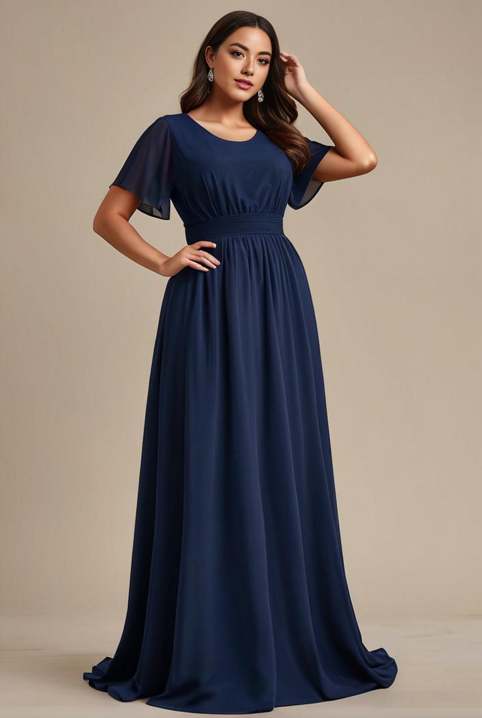 plus size simple chiffon pleated a line round neckline bridesmaid dress 102506