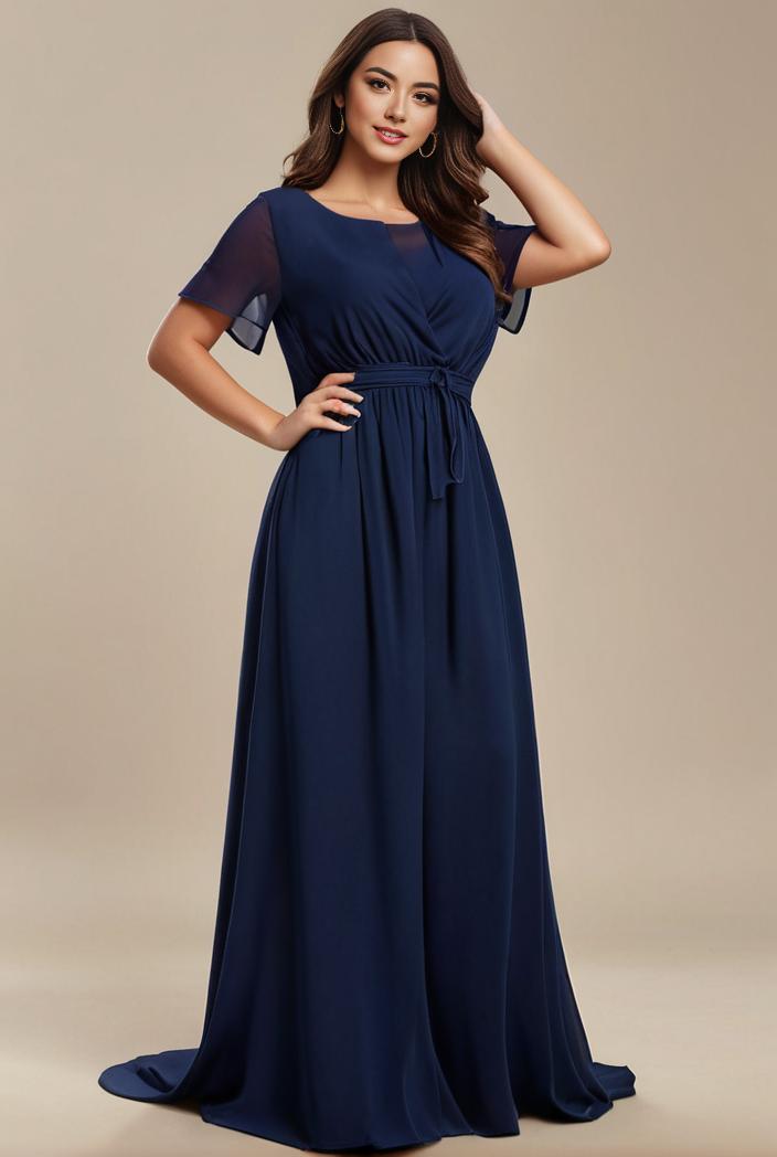plus size simple chiffon pleated a line round neckline bridesmaid dress 102509