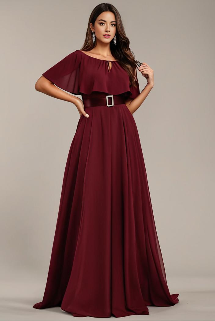 plus size simple chiffon pleated a line round neckline bridesmaid dress 102548