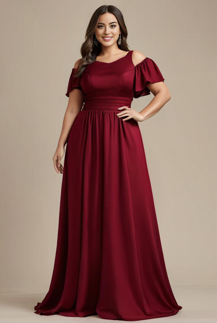 plus size simple chiffon pleated a line round neckline bridesmaid dress 102562
