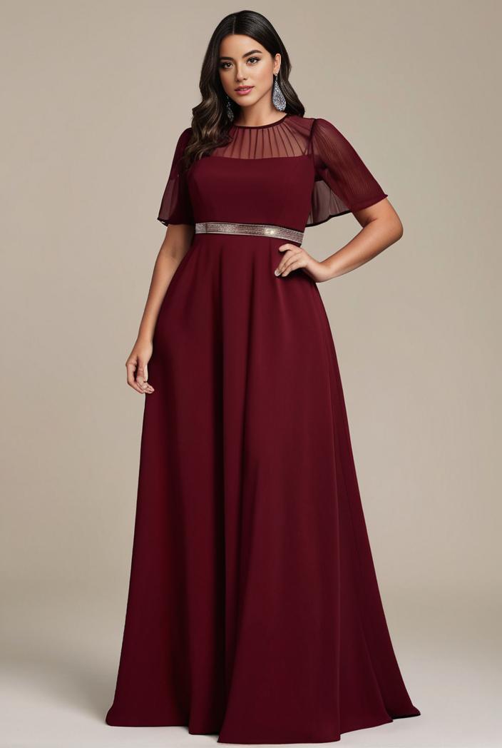 plus size simple chiffon pleated a line round neckline bridesmaid dress 102566