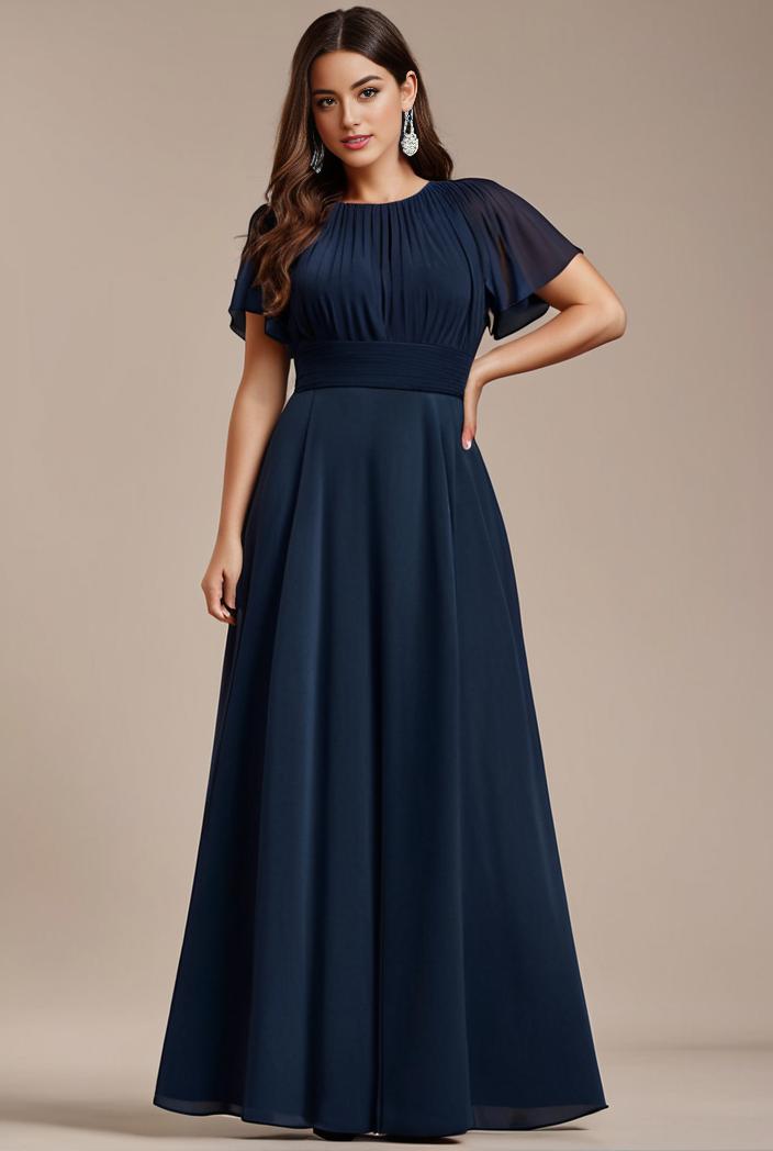 plus size simple chiffon pleated a line round neckline bridesmaid dress 102572