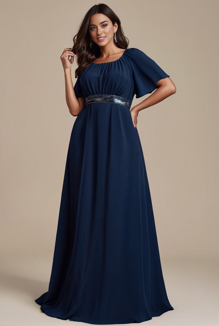 plus size simple chiffon pleated a line round neckline bridesmaid dress 102574