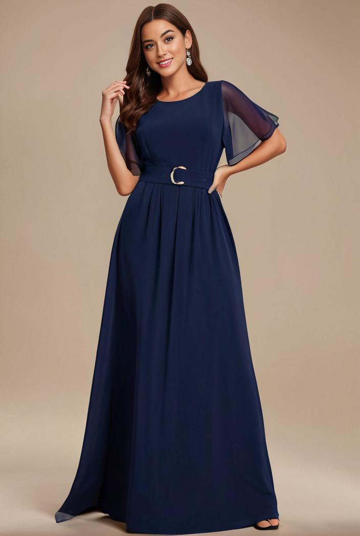 plus size simple chiffon pleated a line round neckline bridesmaid dress 102575
