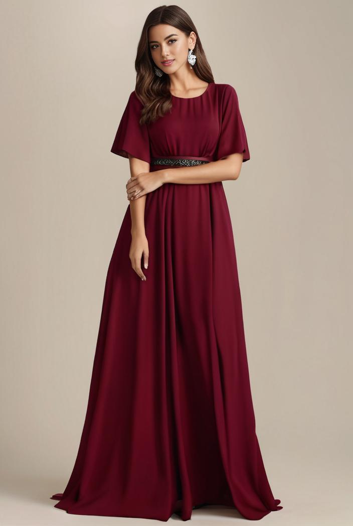 plus size simple chiffon pleated a line round neckline bridesmaid dress 102579