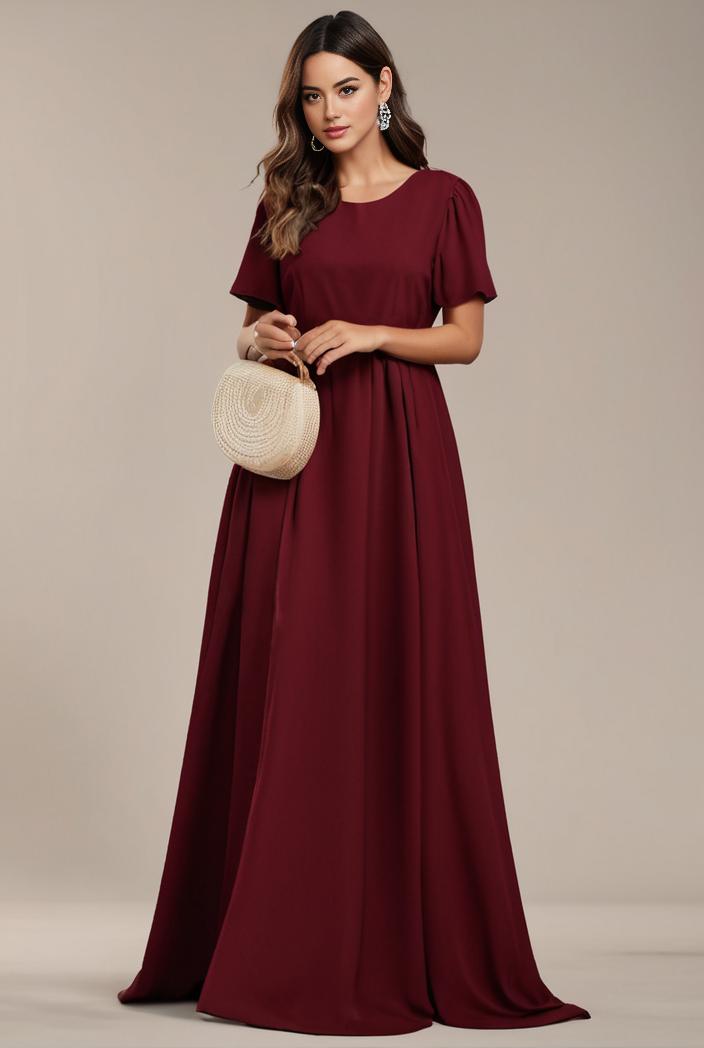 plus size simple chiffon pleated a line round neckline bridesmaid dress 102580