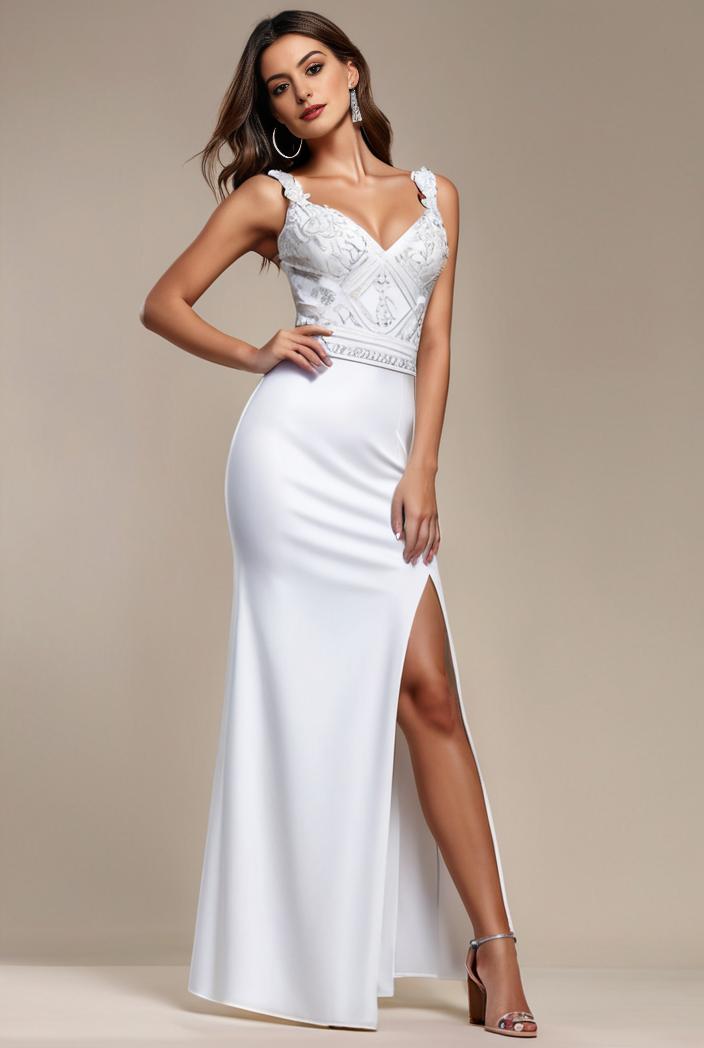pearl chain cold shoulder front slit pleated mermaid wedding dress 141517