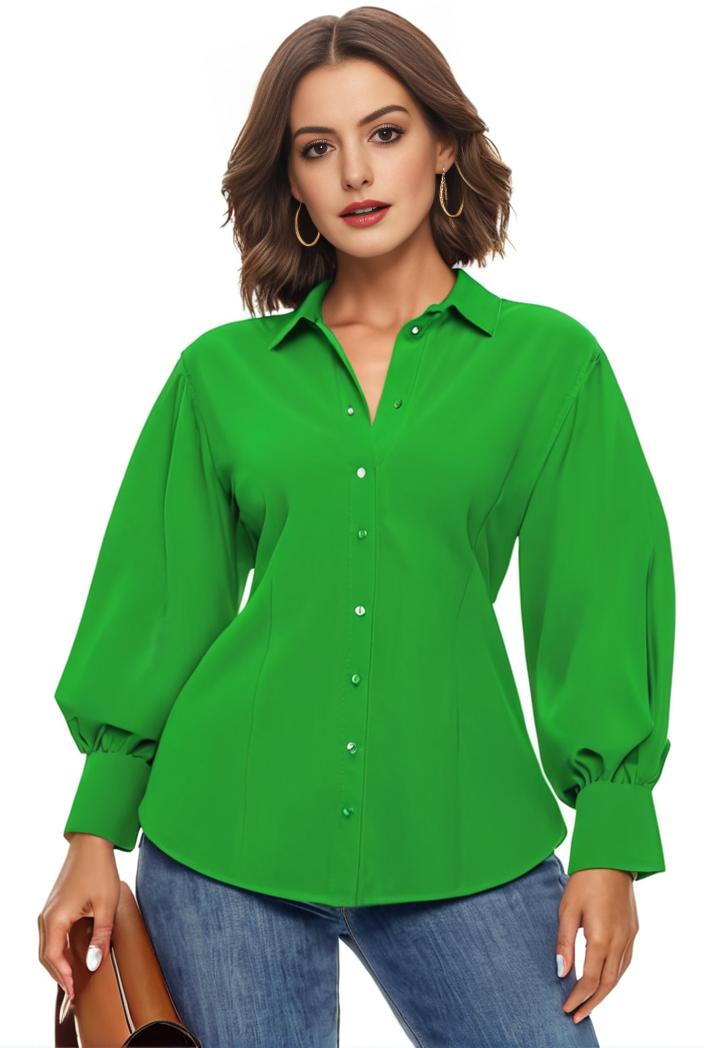 plus size casual blouse women s plus solid button up lantern sleeve turn down collar nipped waist blouse 142501