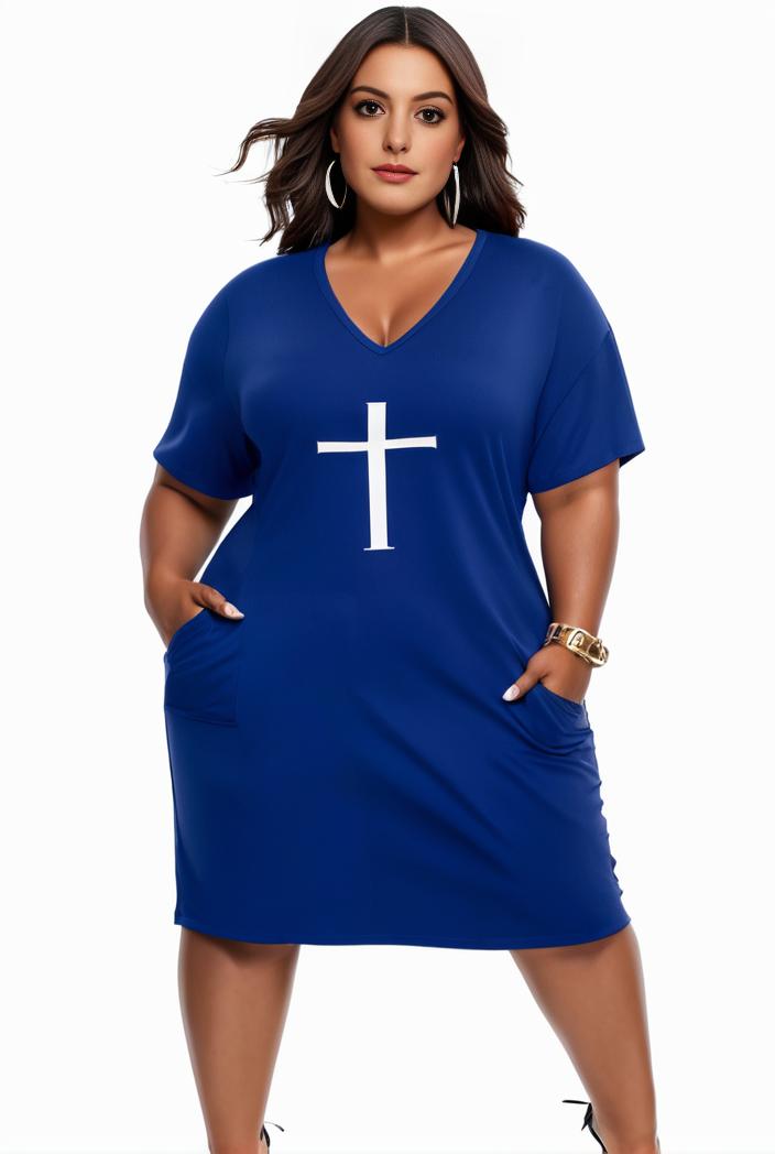 plus size faith letter print short sleeve midi dress with pockets women s plus slight stretch casual dress 142871