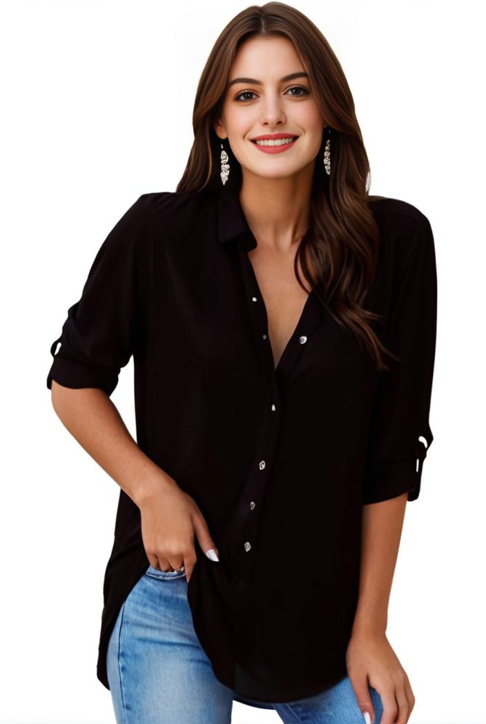 plus size formal shirt women s plus plain long sleeve turn down collar button up workwear shirt 143200