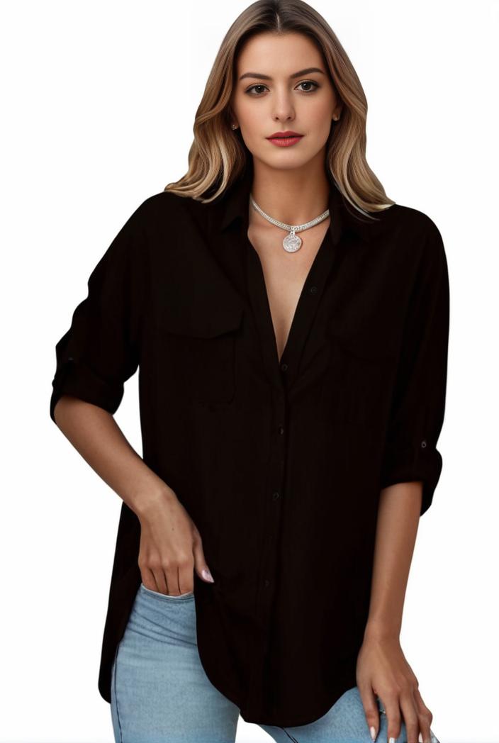 plus size formal shirt women s plus plain long sleeve turn down collar button up workwear shirt 143203