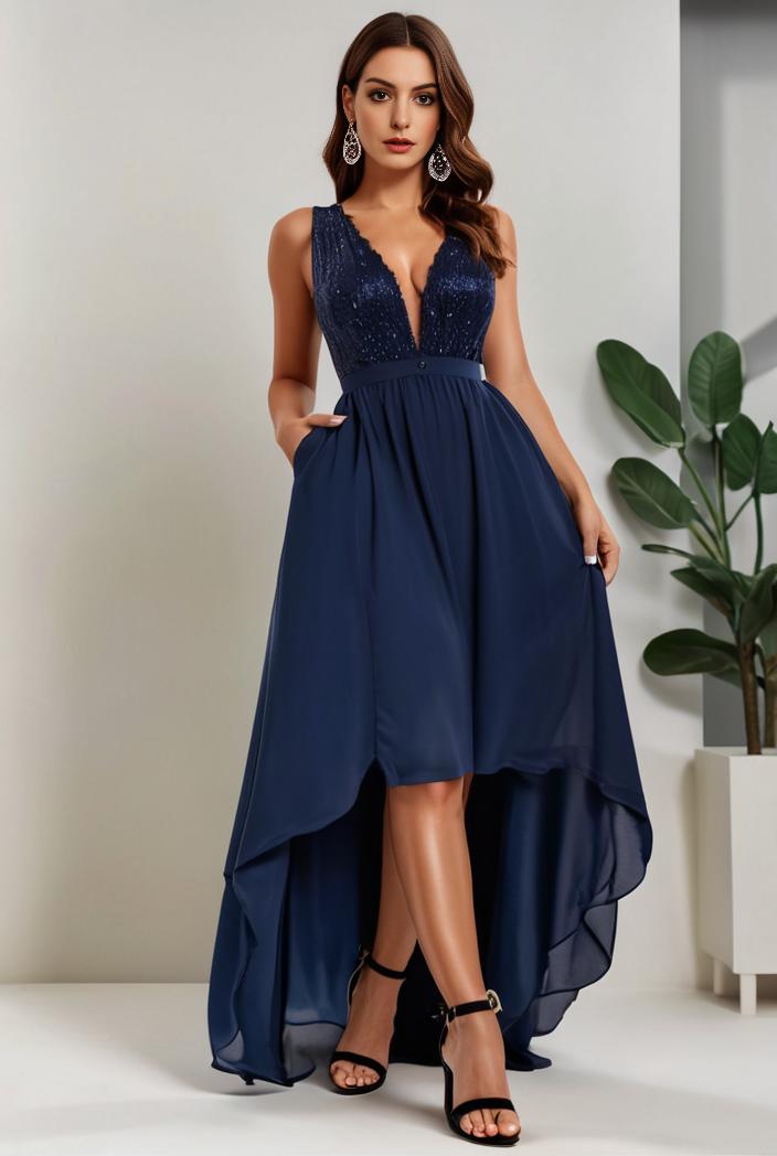 plus size sequin high low deep v neck tulle evening dresses 144541