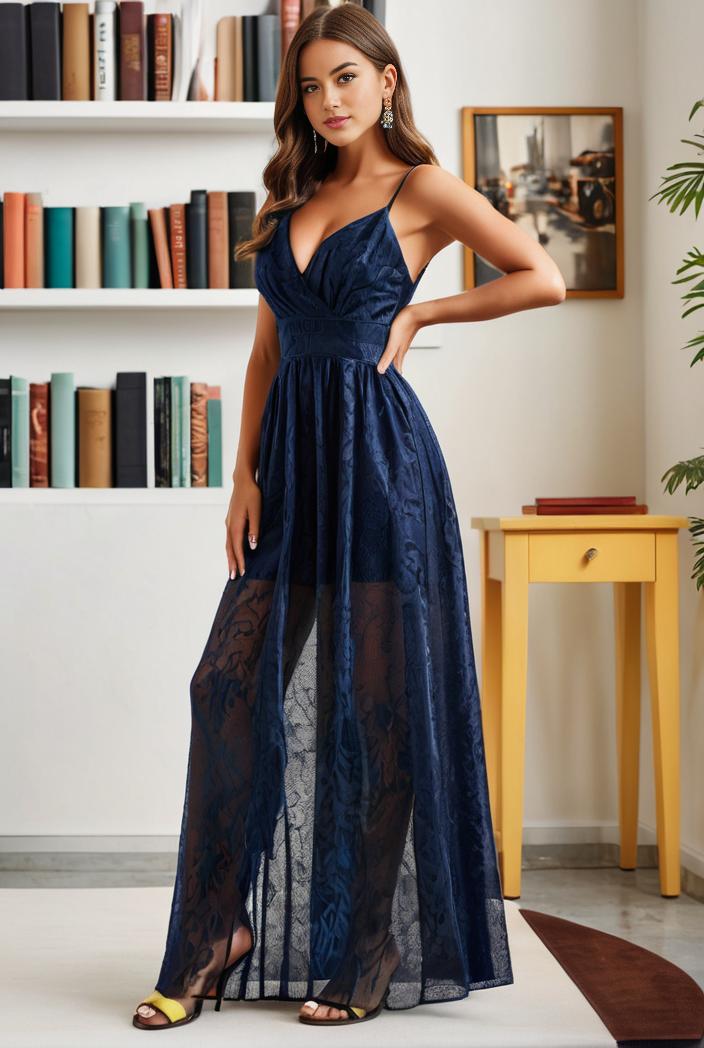 spaghetti strap 2 in 1 sheer evening dress 107392