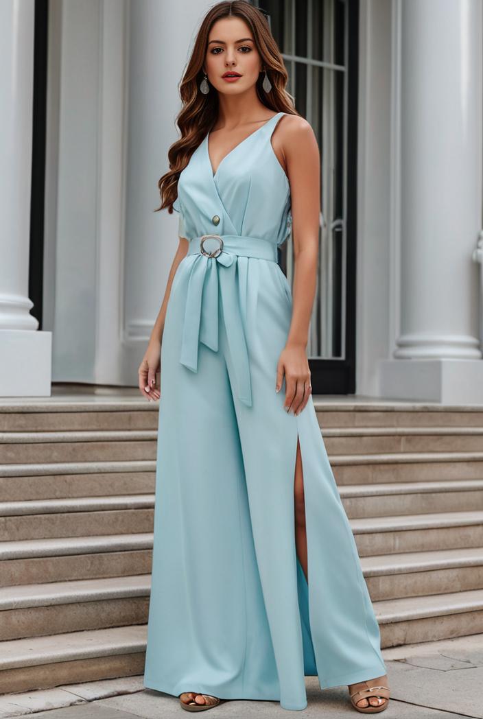 plus size shiny v neck side slit formal evening dress 145023