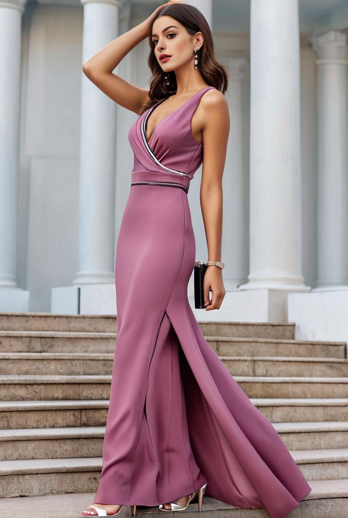 plus size shiny v neck side slit formal evening dress 145066